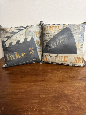 Set of 2 Movie Theme Throw Pillows Cinema Clapperboard Director Home Theater Dec